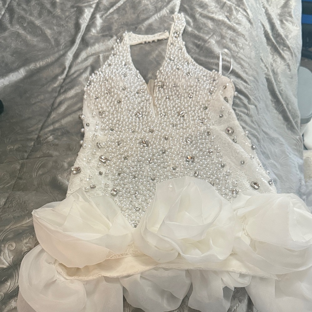 Elegant White Beaded Dress with Floral Accents
